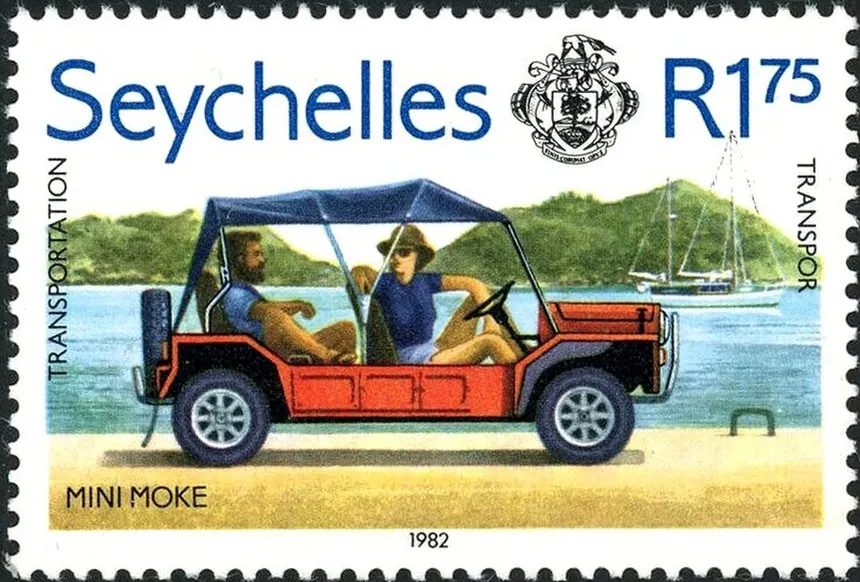 Mini Moke на сейшельской марке 1982 года номиналом 1,75 рупии из транспортной серии